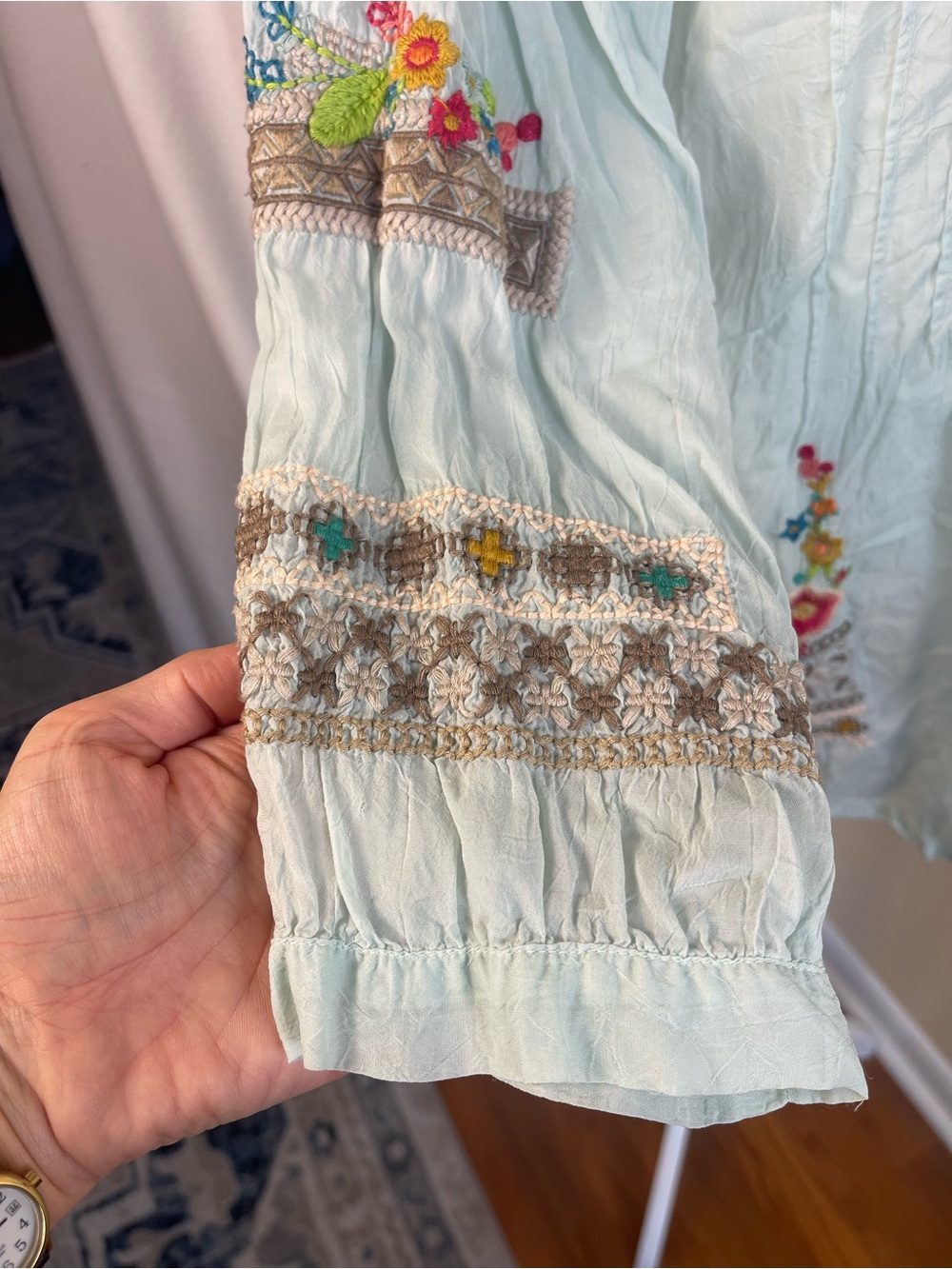 Johnny Was Floral Embroidered Boho Tunic Top M Semi Sheer Mint Cupra Rayon Luxe - Picture 9 of 16